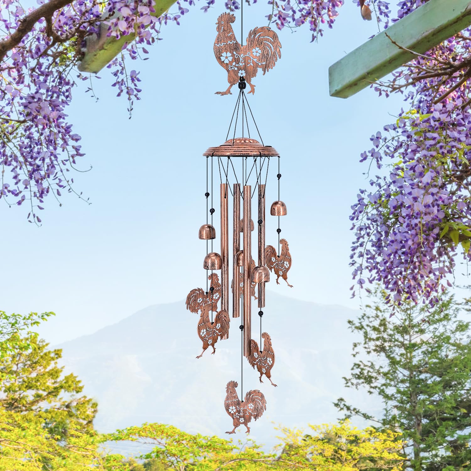 Close-up of the TIGGSY Chicken Wind Chime's antique bronze finish