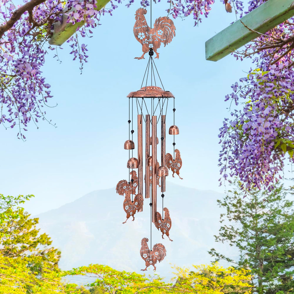 Close-up of the TIGGSY Chicken Wind Chime's antique bronze finish