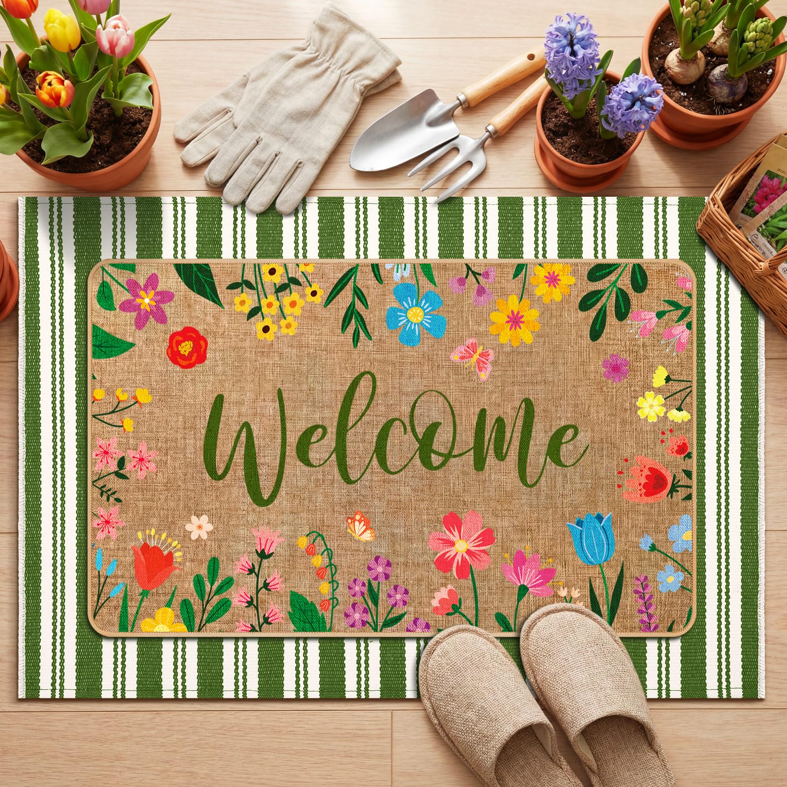 Close-up of the top floral mat with welcome message