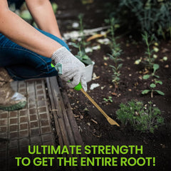 Close-up of the two-pronged fork tip of the Garden Guru weeder