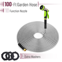 Close-up of the UNCO garden hose nozzle showing spray functions