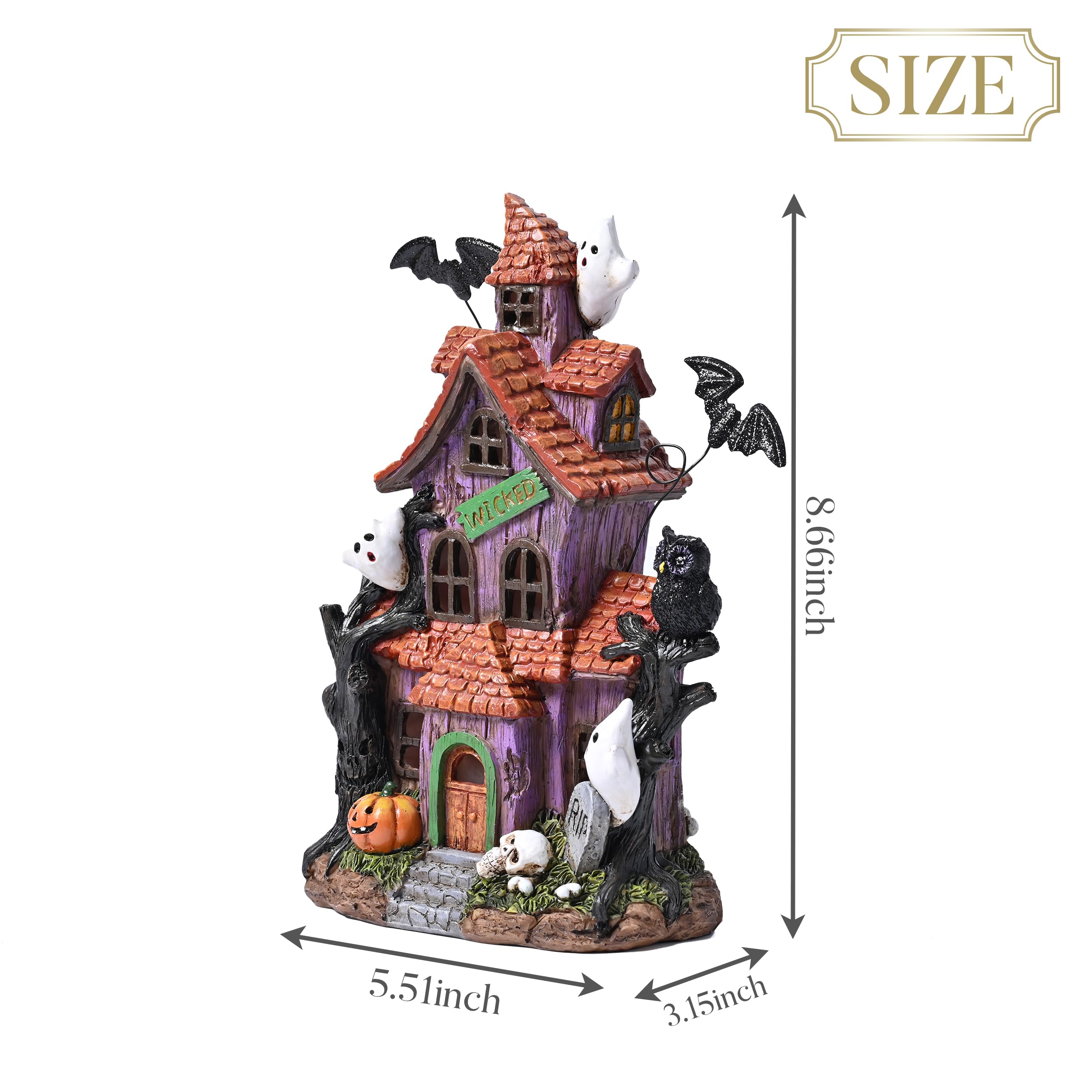 Close-up of the Valery Madelyn Halloween Village House featuring ghosts and bats