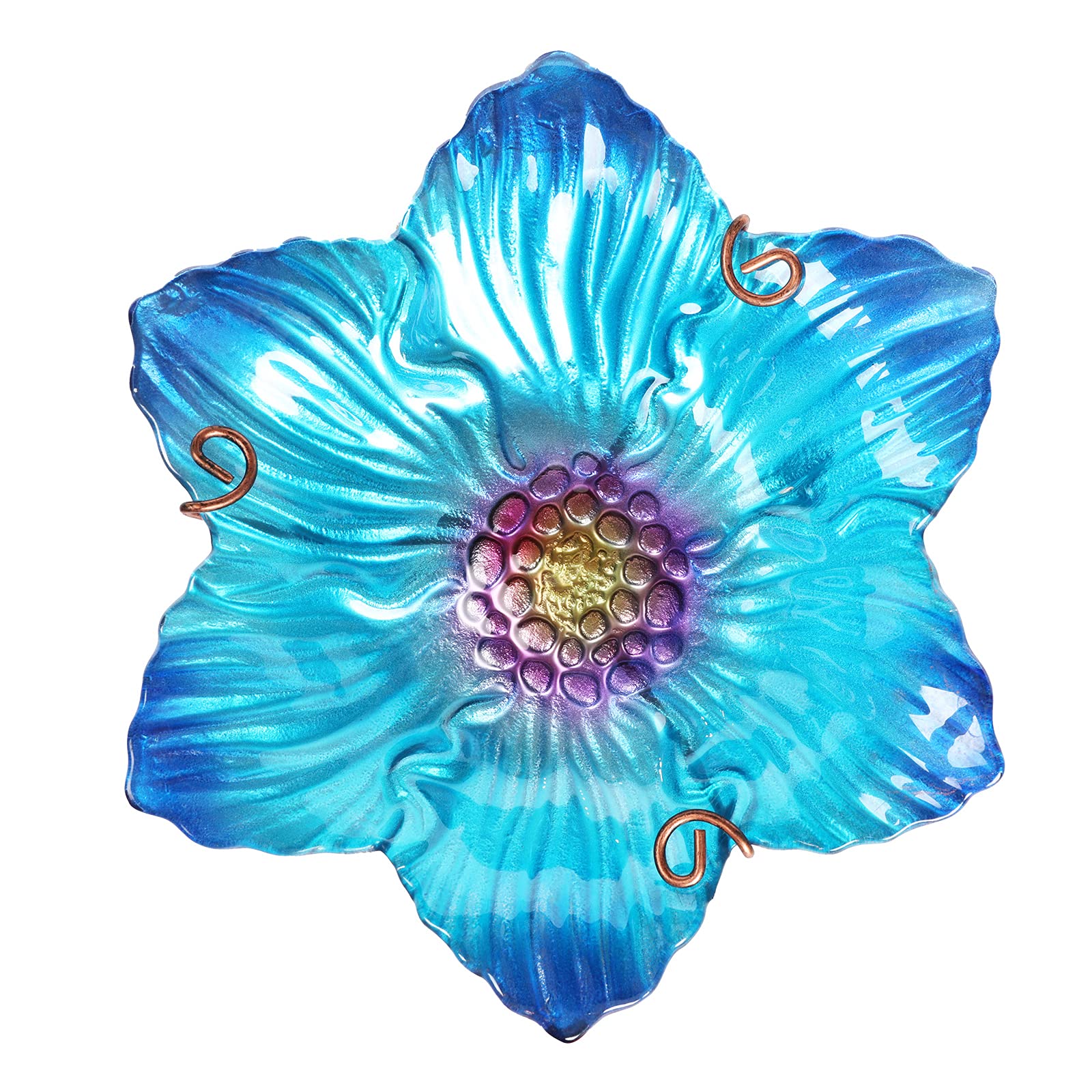 Close-up of the vibrant blue handmade glass bowl of the bird bath