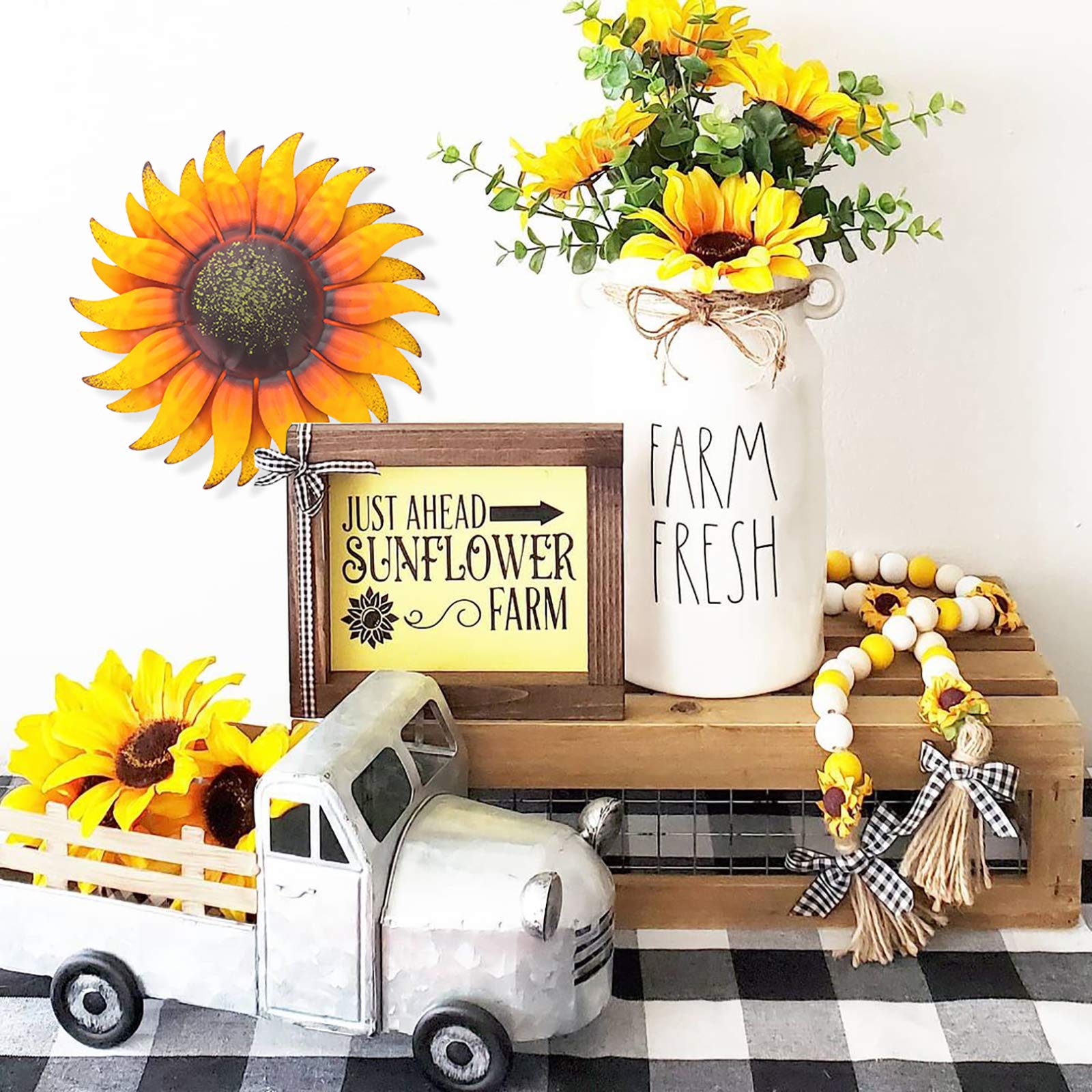 Close-up of the vibrant colours on EASICUTI Sunflower Metal Wall Art