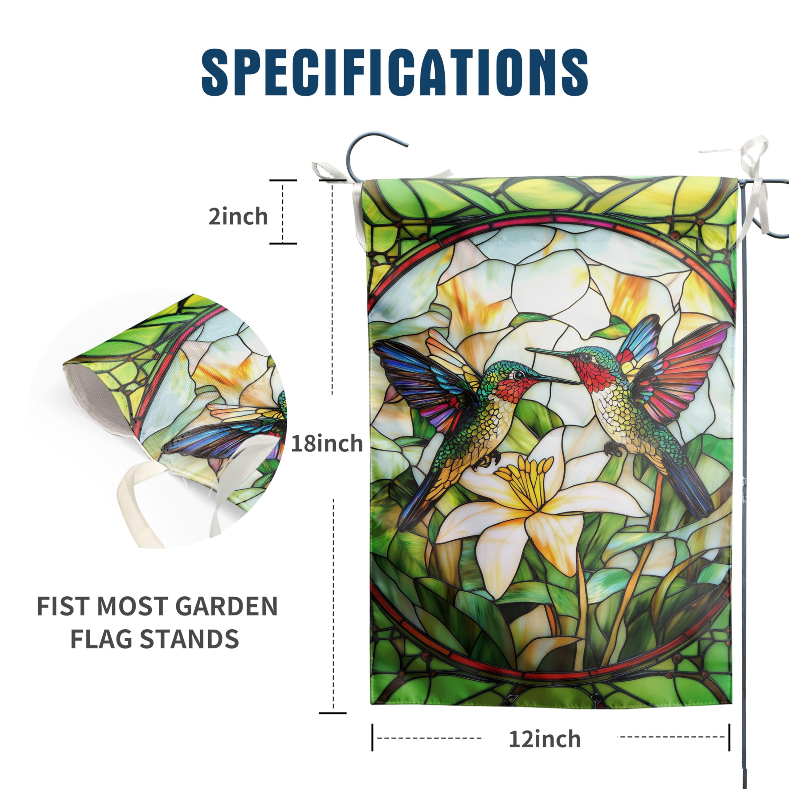 Close-up of the vibrant floral hummingbird design on the flag
