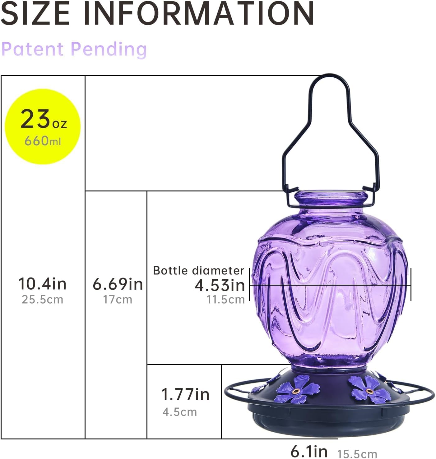 Close-up of the vibrant purple glass hummingbird feeder