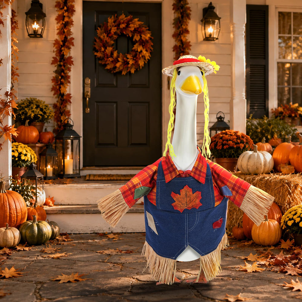 Close-up of the vibrant scarecrow design on the goose outfit