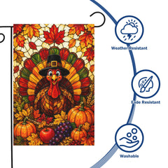 Close-up of the vibrant turkey print on the Thanksgiving Garden Flag