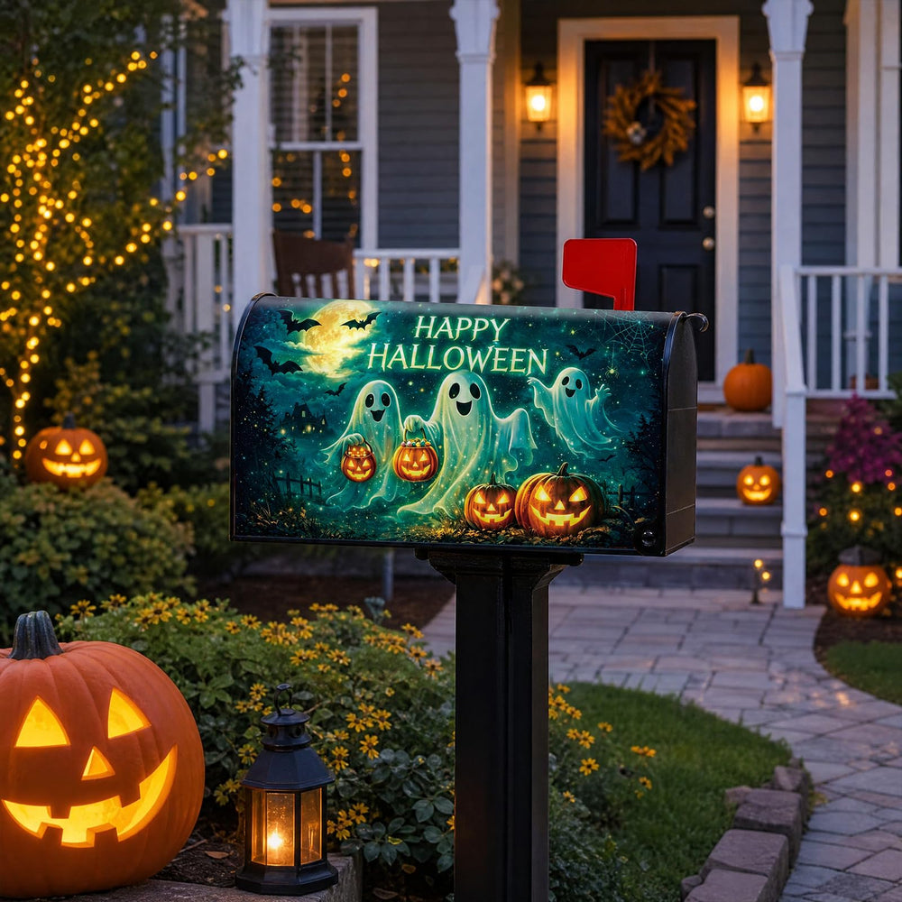 Close-up of the VISSTREE Halloween Mailbox Cover showing the graveyard scene