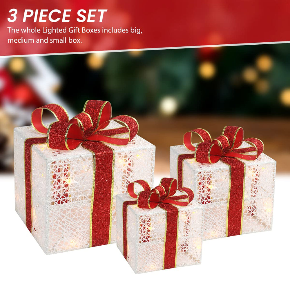 Close-up of the warm LED lights on the gift boxes
