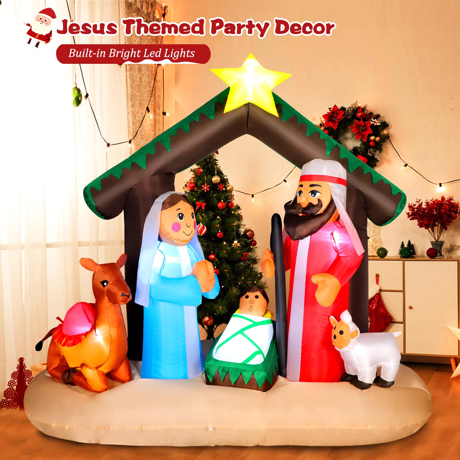 Close-up of the warm LED lights on the inflatable nativity scene