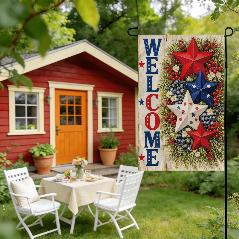 Close-up of the WELCOME text on the OHOME garden flag