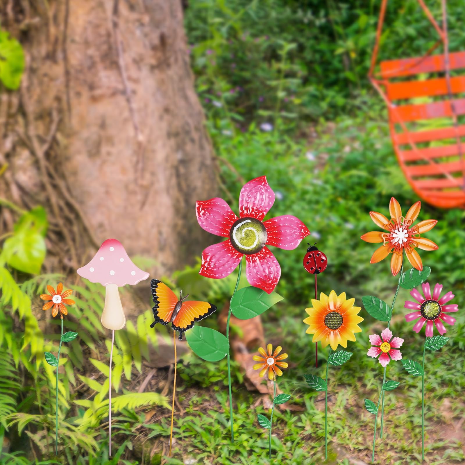 Close-up of the whimsical flower designs in the hogardeck Garden Decor
