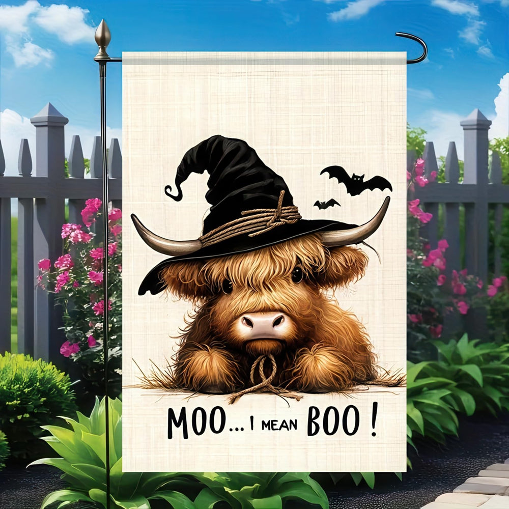 Close-up of the Witch Highland Cow Halloween flag design
