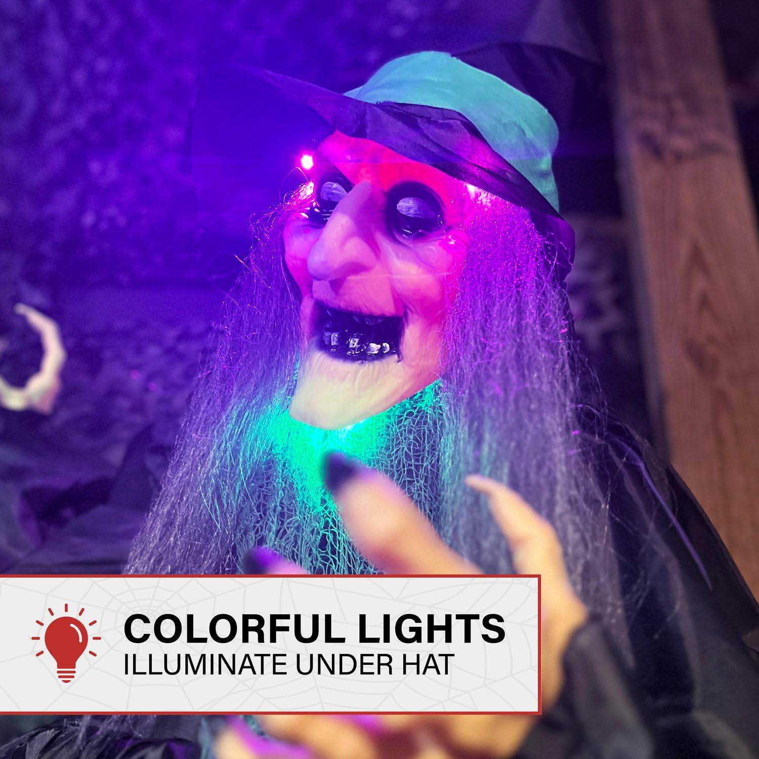 Close-up of the witch's face with glowing eyes