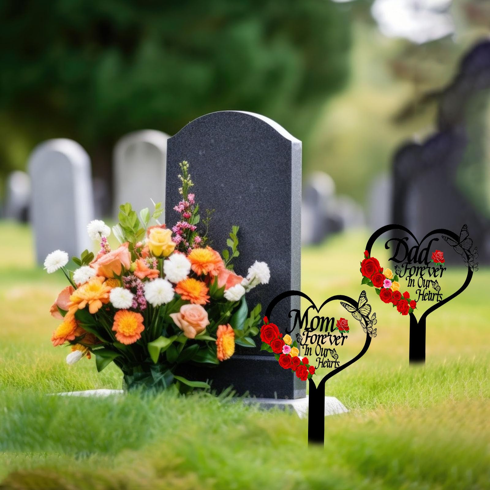 Close-up of the word 'Mom' on the heart-shaped memorial plaque