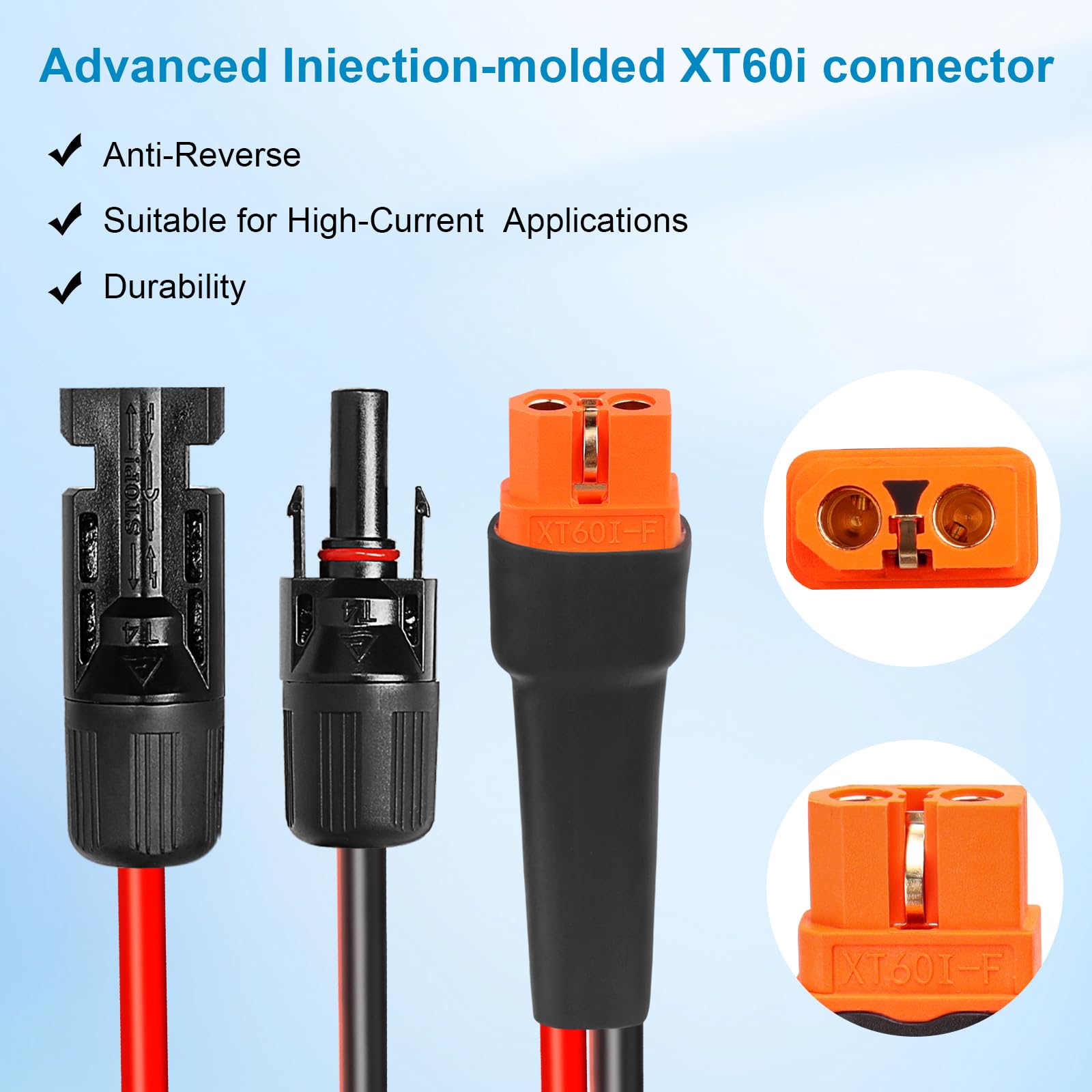 Close-up of the XT60i connector on the Kimbluth Solar Cable