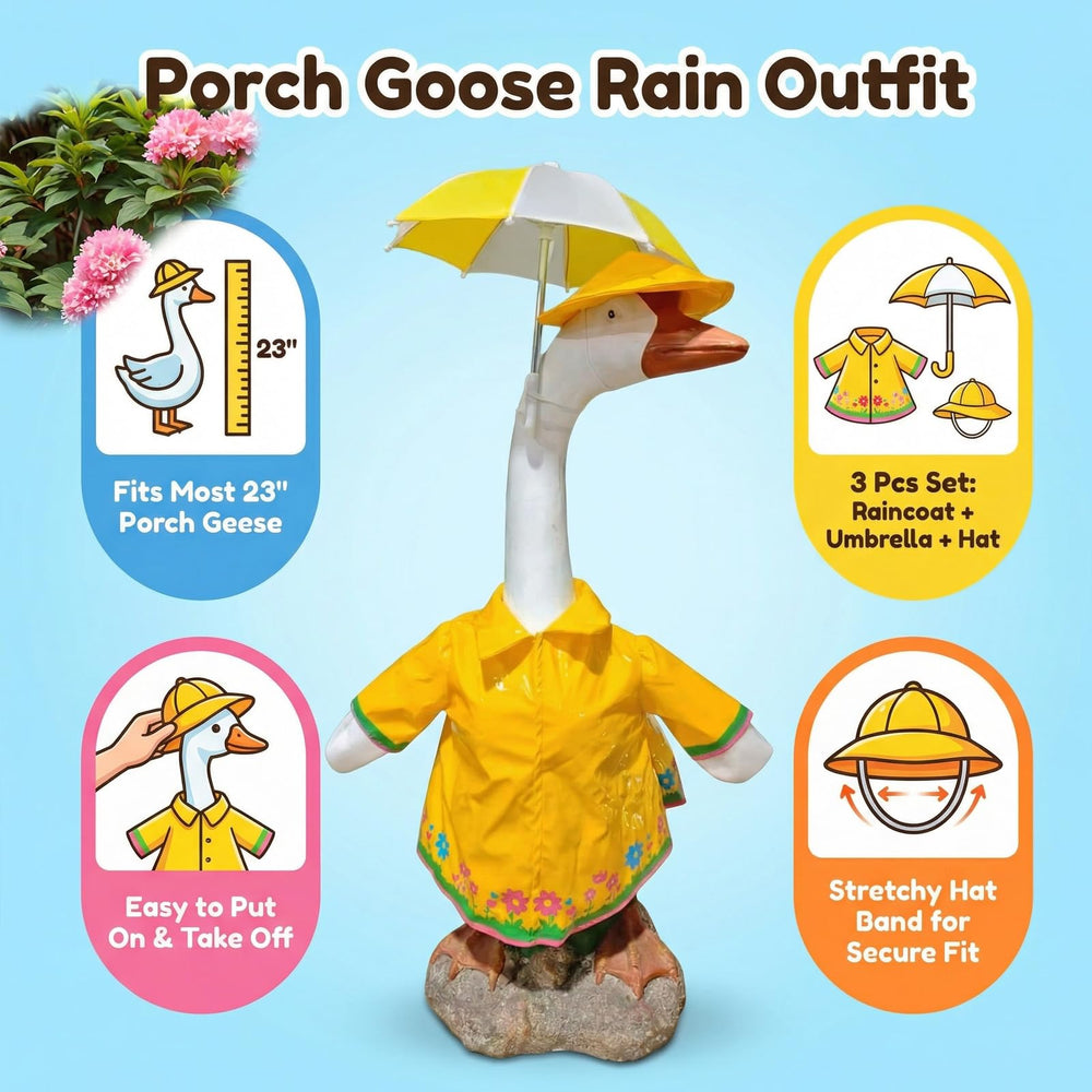 Close-up of the yellow raincoat with floral trim for porch goose