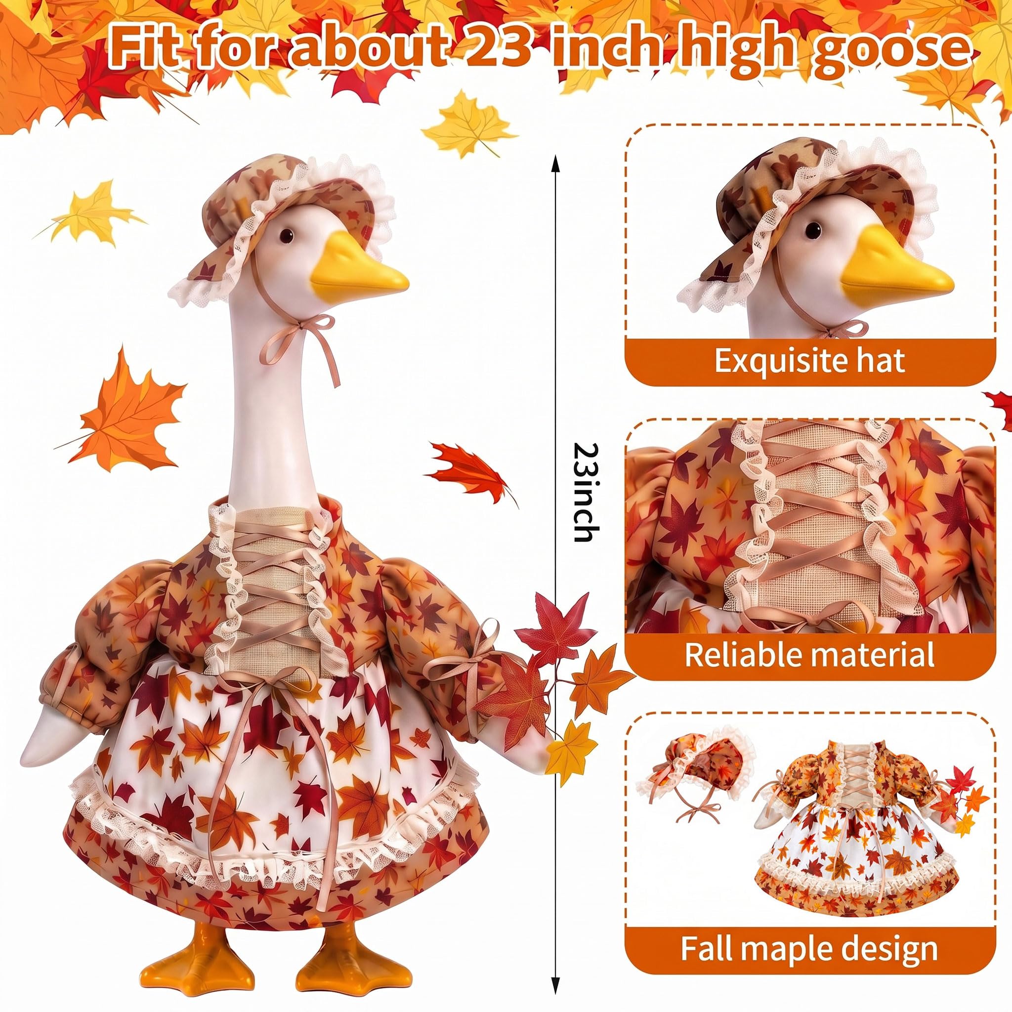 Close-up of the YVMMVY Goose Outfit with vibrant autumn maple leaf pattern