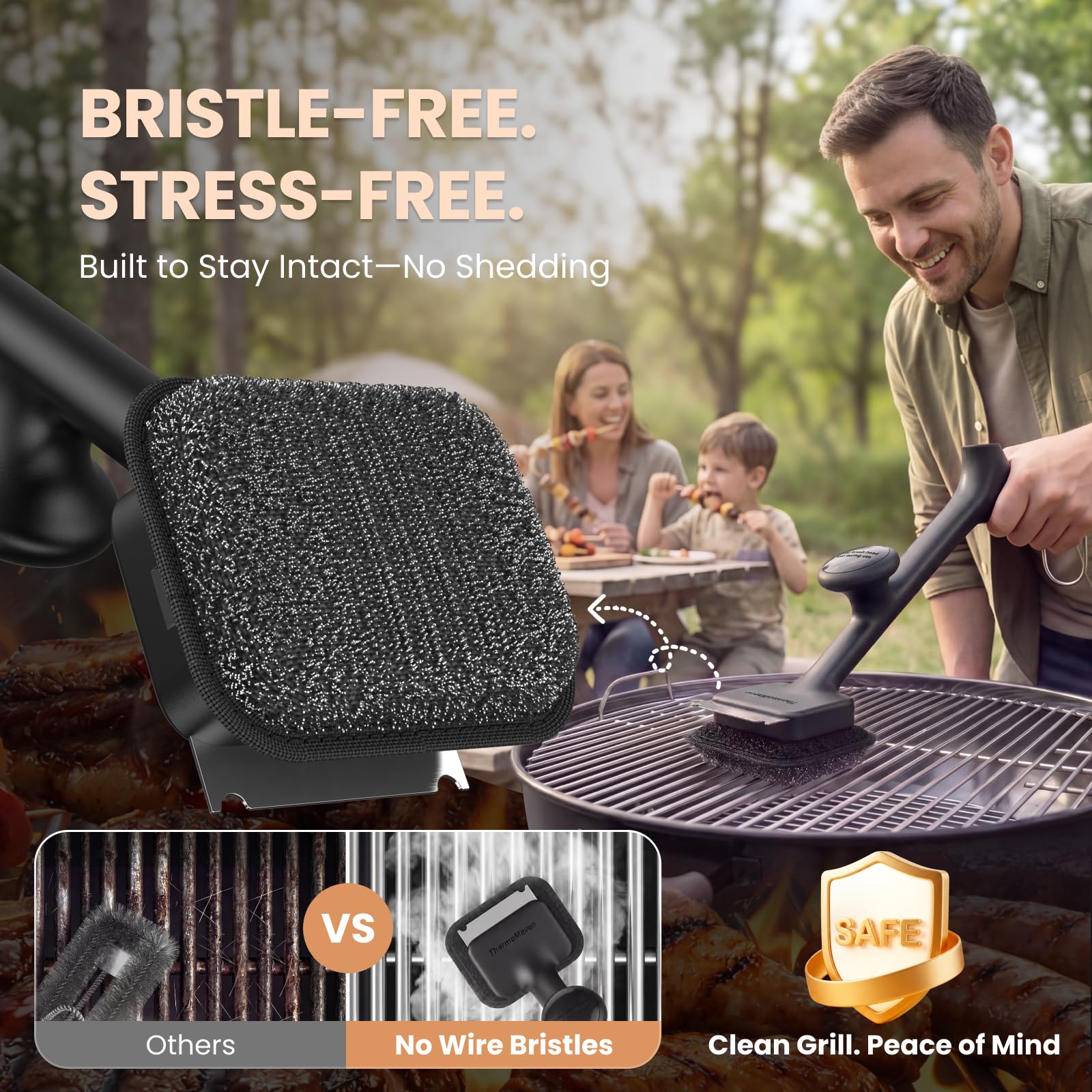 Close-up of ThermoMaven BBQ Grill Brush with steam cleaning in action