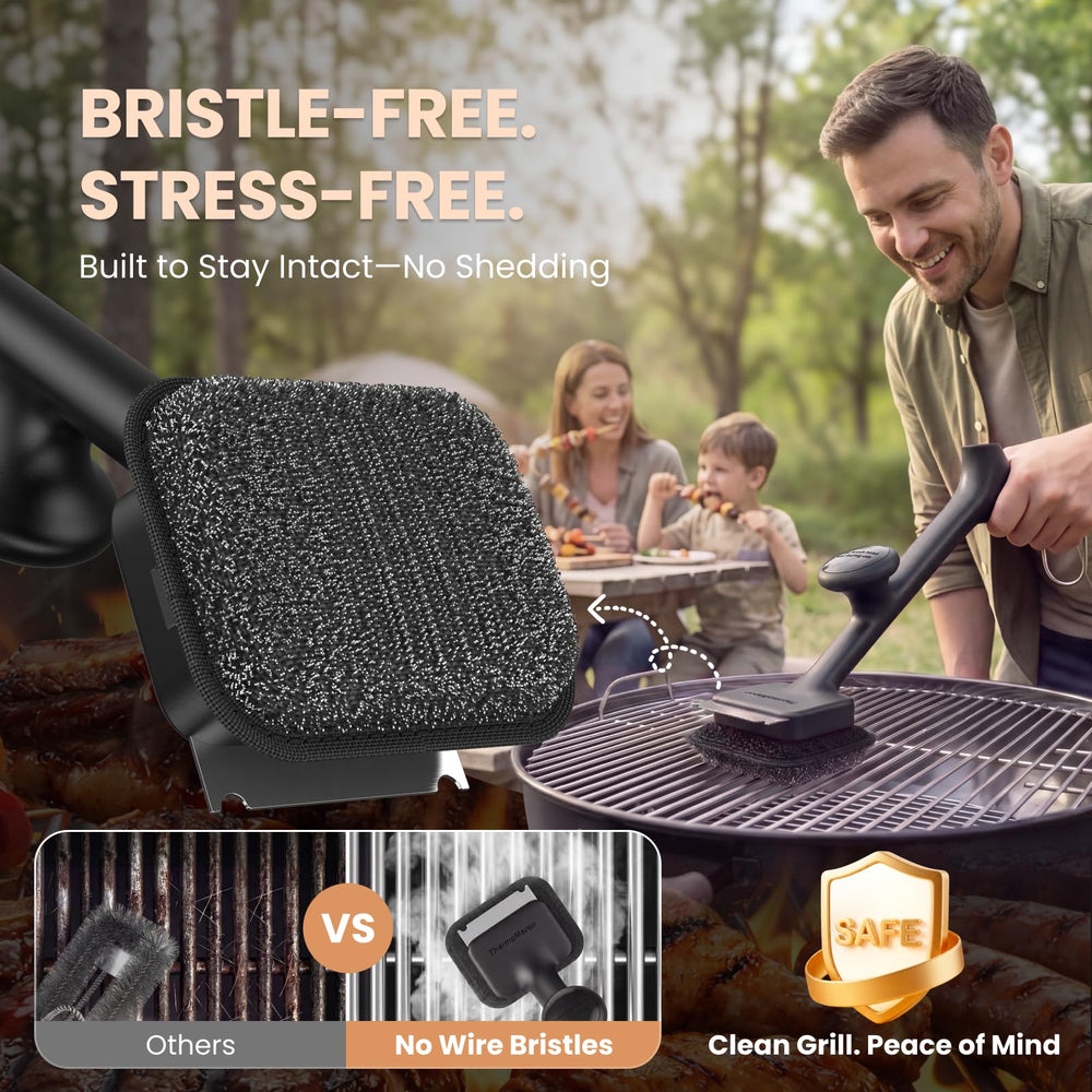 Close-up of ThermoMaven BBQ Grill Brush with steam cleaning in action