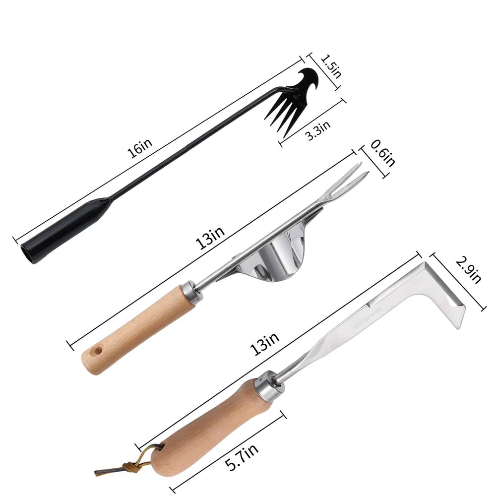 Close-up of Theuzi hand weeder with sharp stainless steel blade and wood handle