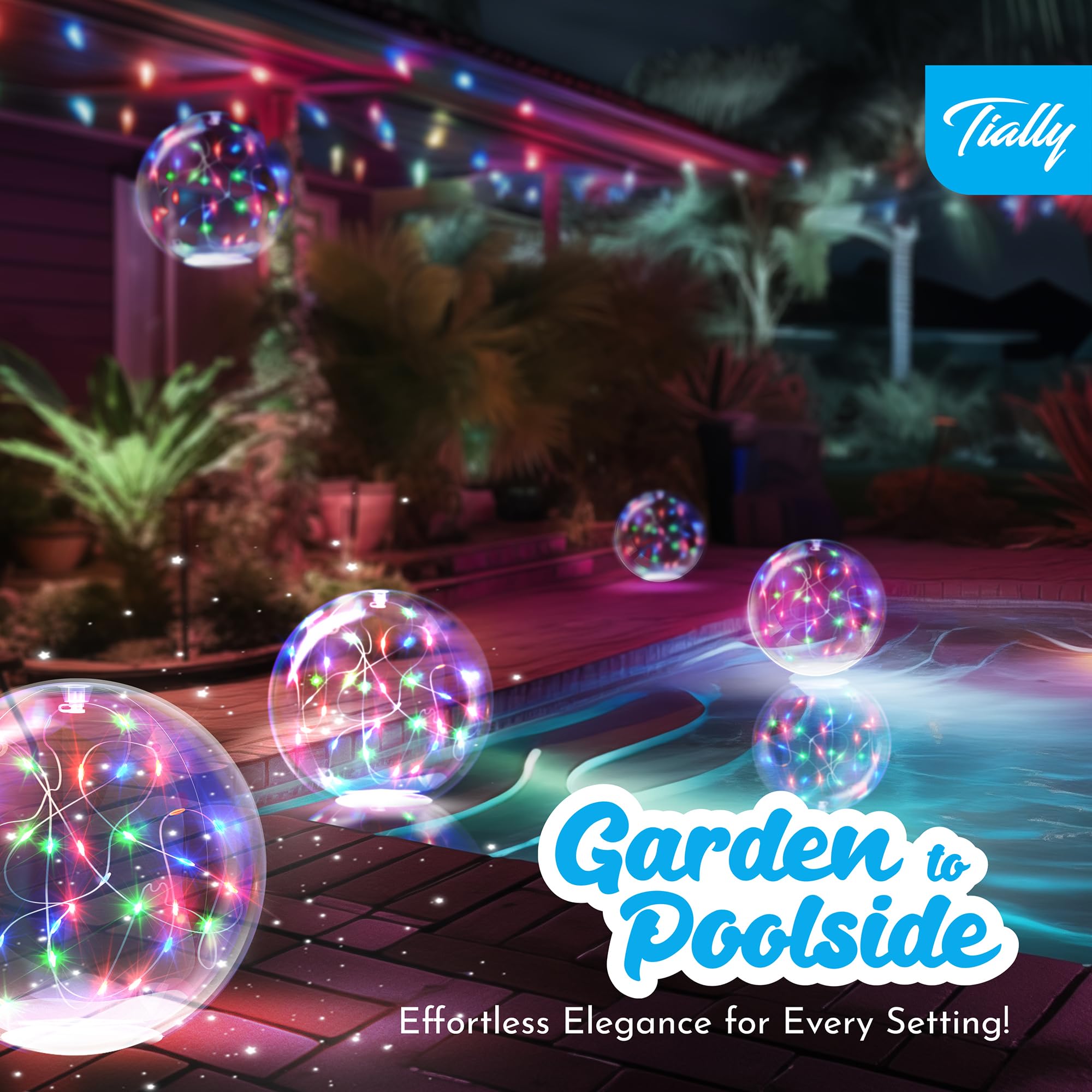 Close-up of TIALLY solar floating pool lights showing multicoloured glow