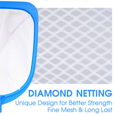 Close-up of TidyMister 32'' Spa Skimmer Net showing the ultra fine diamond mesh
