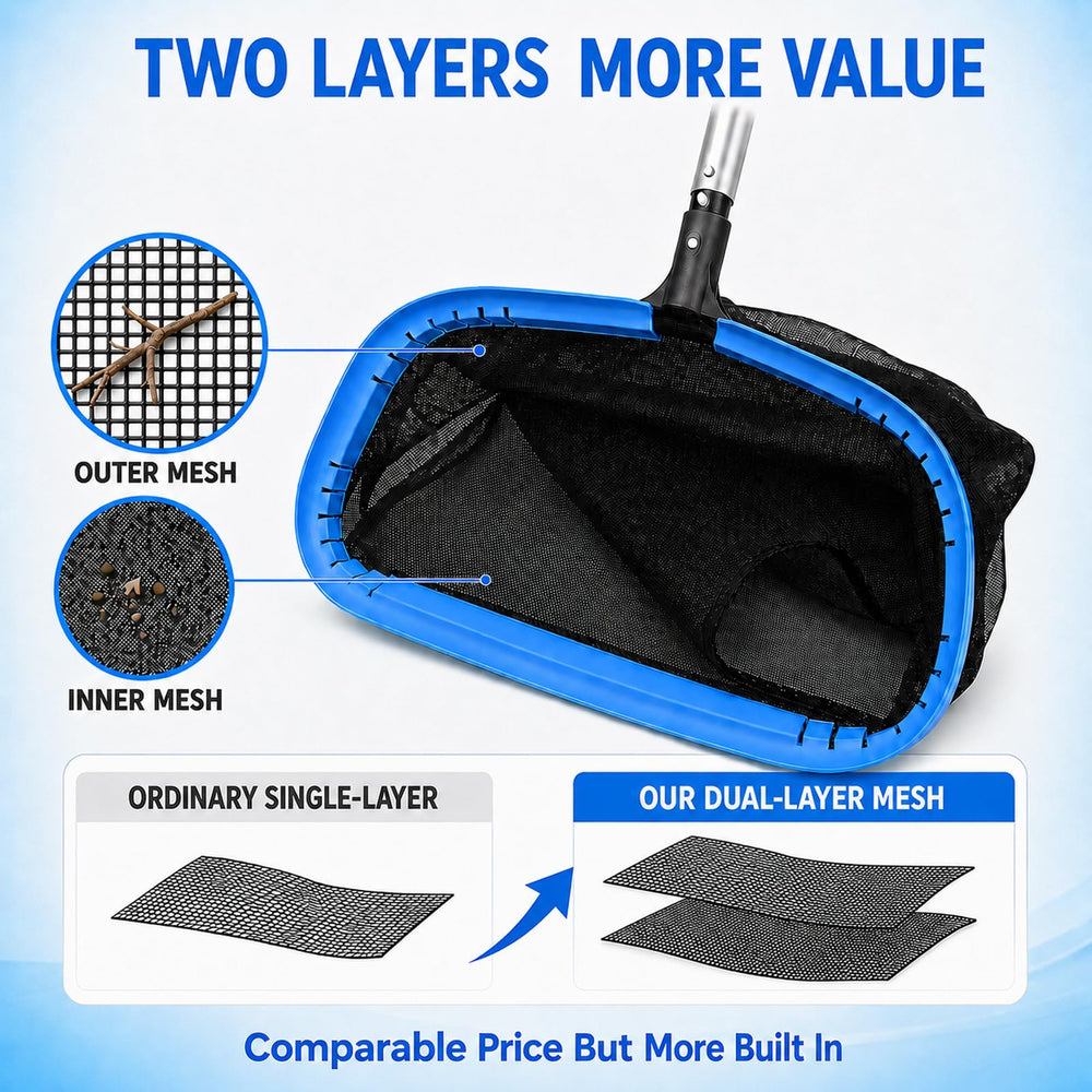 Close-up of TidyMister Pool Net Rake aluminum frame