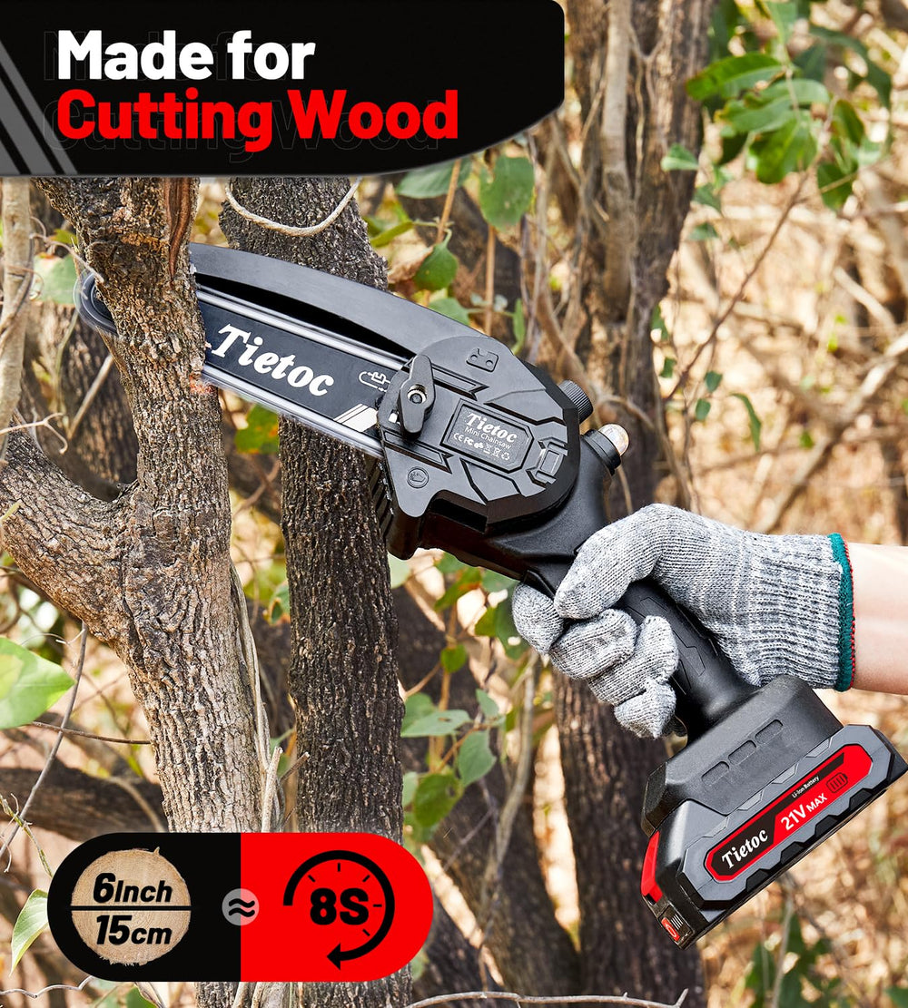 Close-up of Tietoc Mini Chainsaw with automatic oiling system