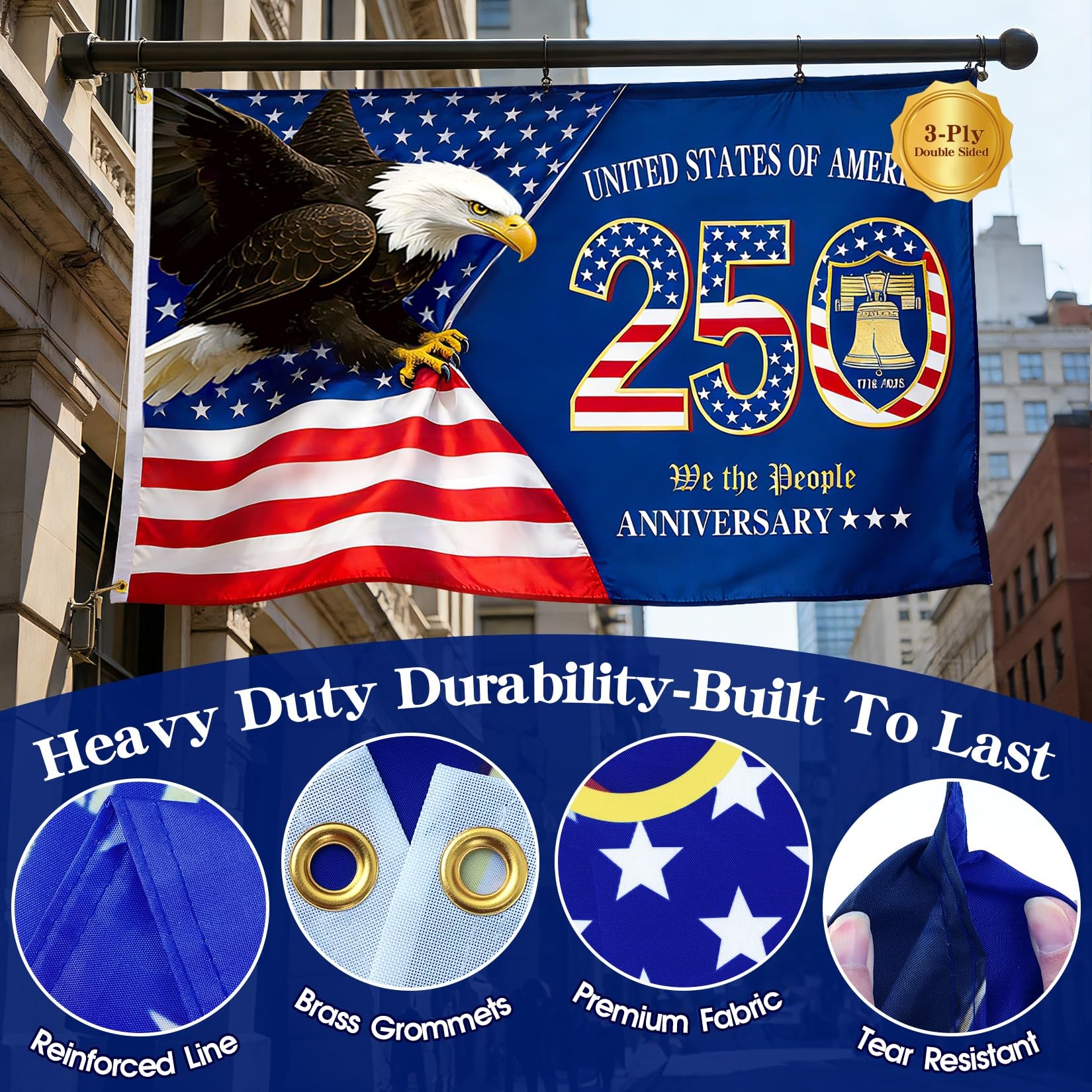 Close-up of TIFFYONEK 250th Anniversary Flag showing brass grommets