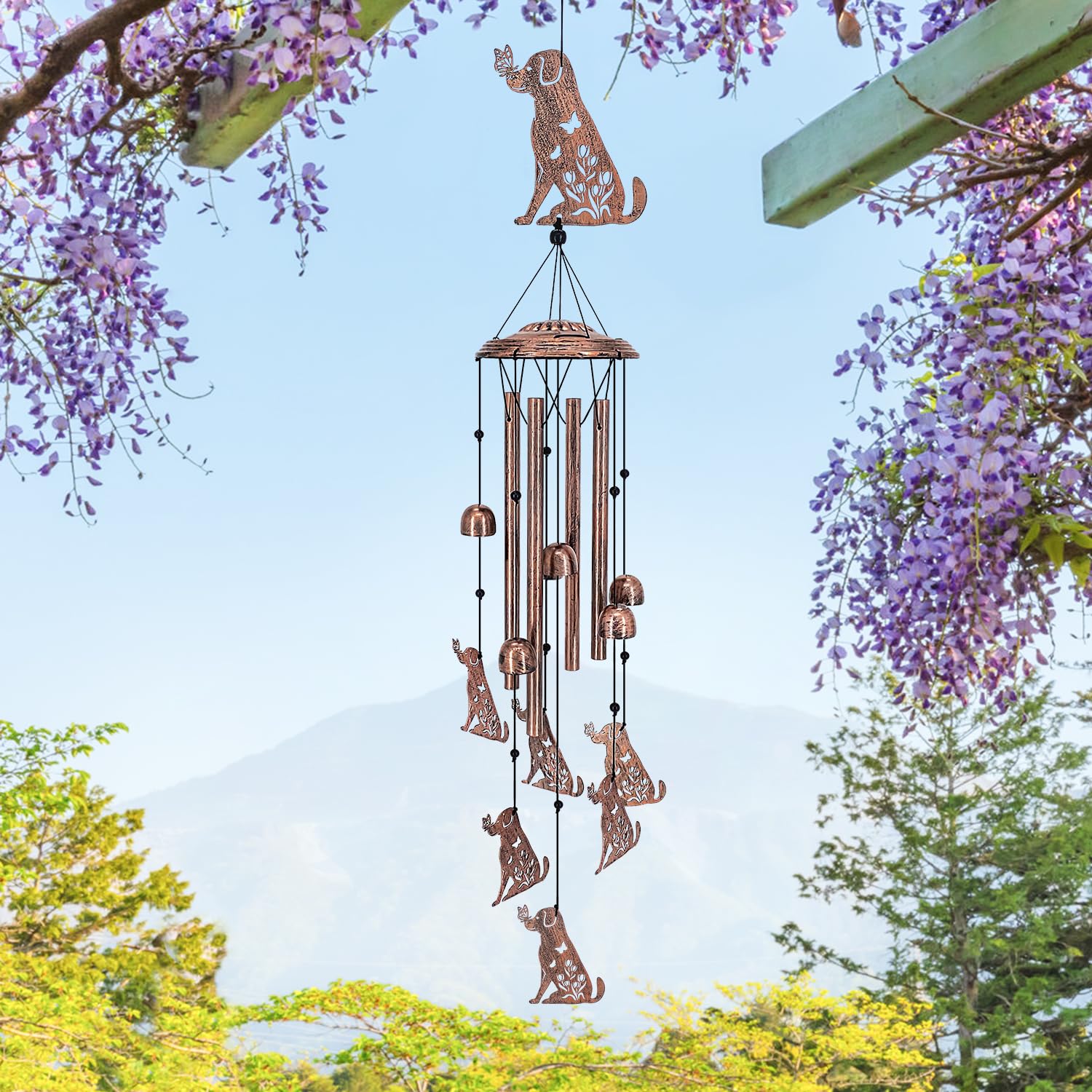Close-up of TIGGSY Dog Wind Chime's aluminum tubes and bells