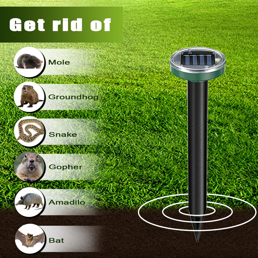 Close-up of Tirgo mole repellent stake with solar panel