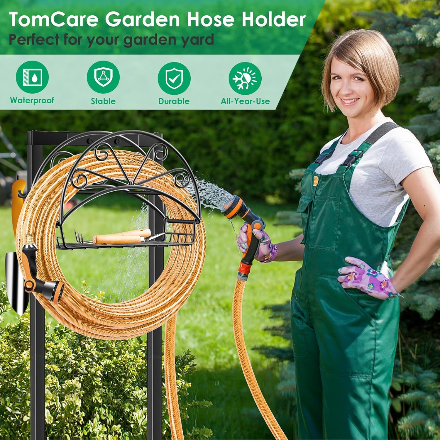 Close-up of TomCare Garden Hose Holder's sturdy metal frame
