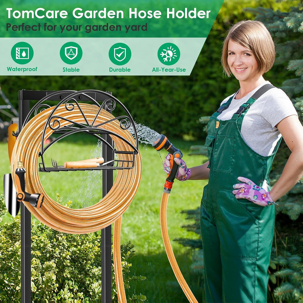 Close-up of TomCare Garden Hose Holder's sturdy metal frame
