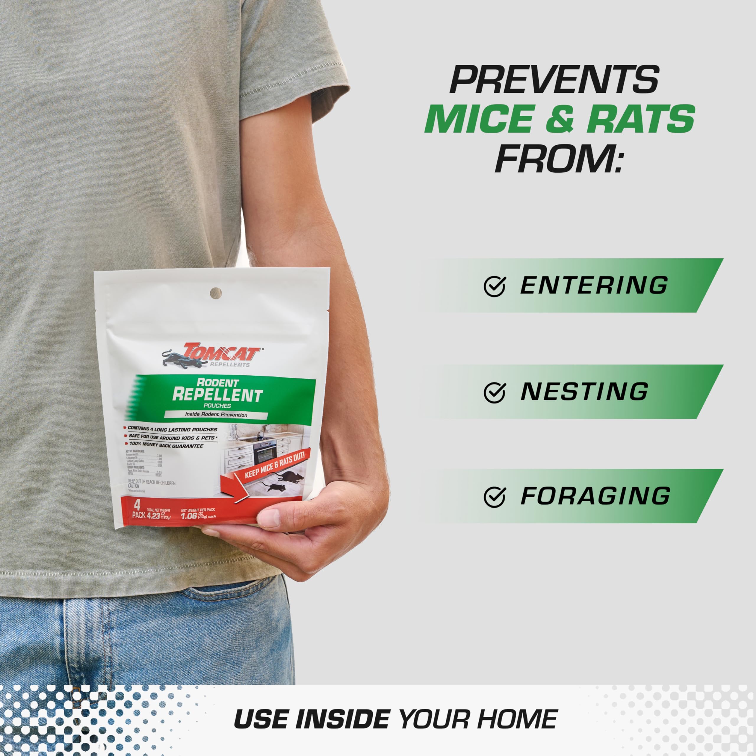 Close-up of Tomcat Rodent Repellent Pouches showing peppermint oil details