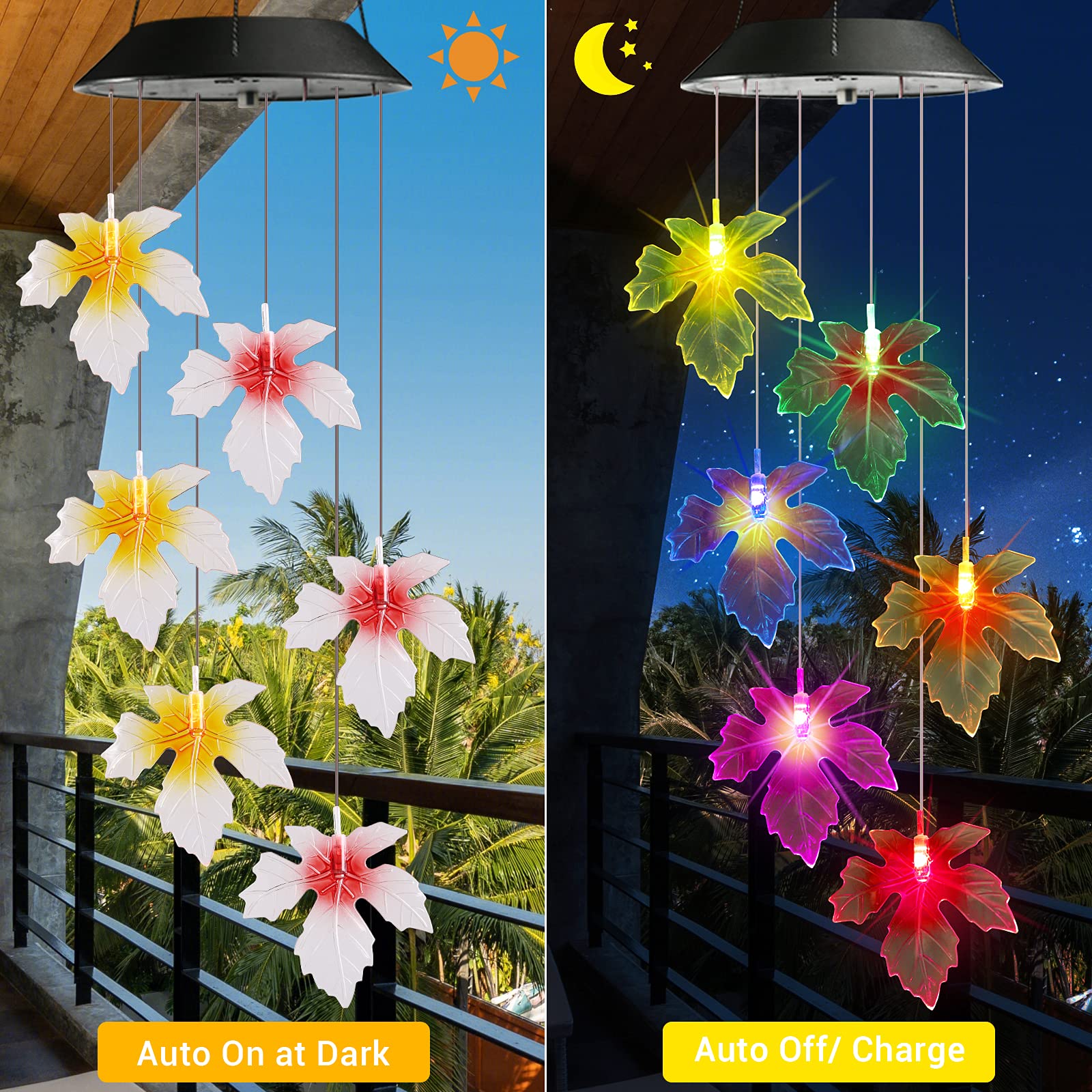 Close-up of Toodour solar wind chimes showing detailed maple leaf design