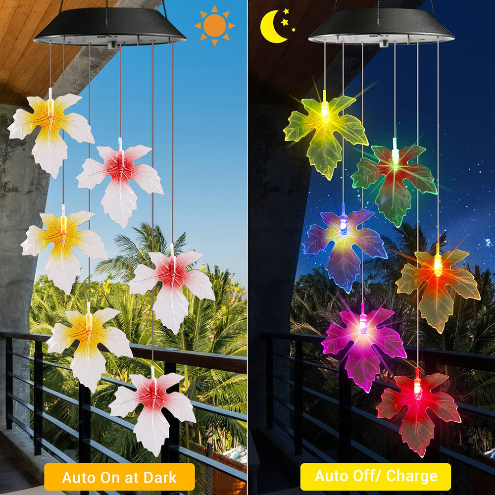 Close-up of Toodour solar wind chimes showing detailed maple leaf design