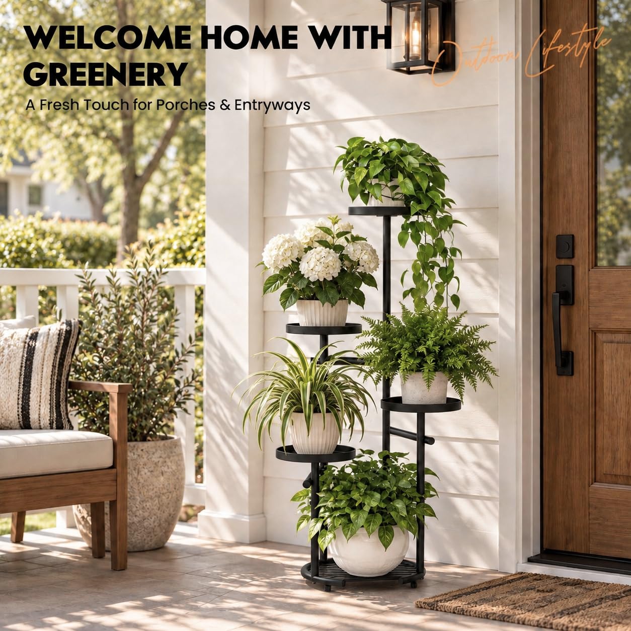 Close-up of TOSKING 5-Tier Round Metal Plant Stand's adjustable feet