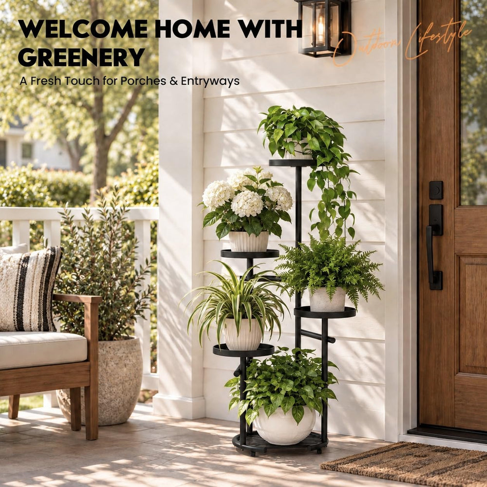 Close-up of TOSKING 5-Tier Round Metal Plant Stand's adjustable feet