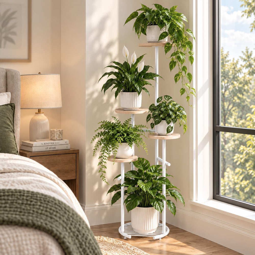 Close-up of TOSKING 5-Tier Round Wood Corner Plant Stand showing wood-grain shelves
