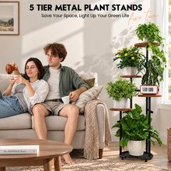 Close-up of TOSKING 5-Tier Round Wood Corner Plant Stand wood-grain shelves