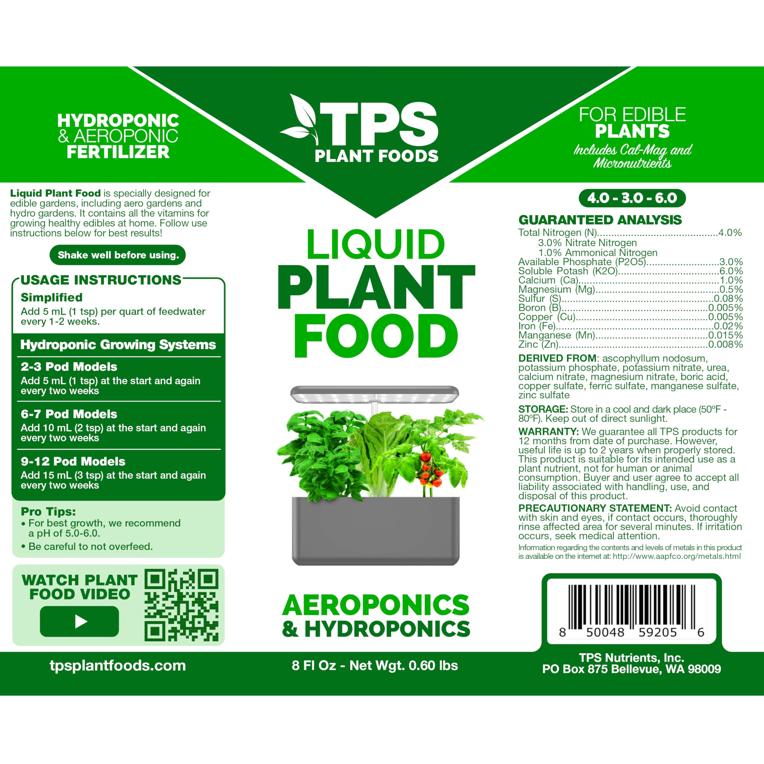 Close-up of TPS NUTRIENTS Liquid Plant Food label