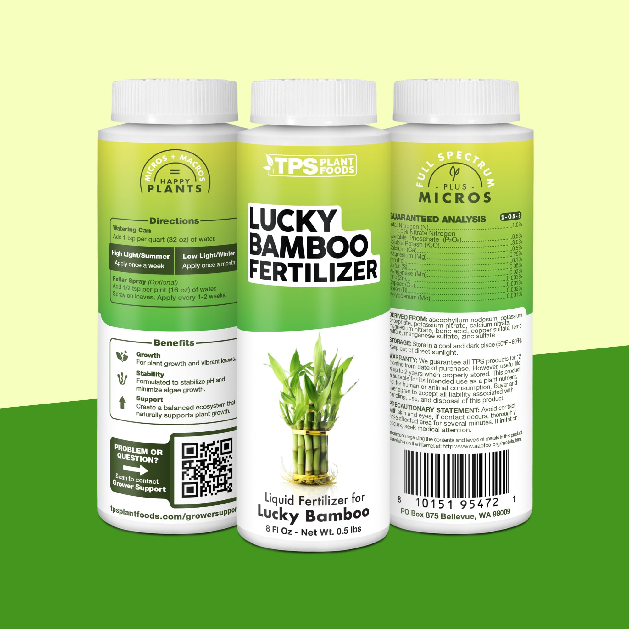 Close-up of TPS NUTRIENTS Lucky Bamboo Fertilizer bottle and bamboo plant
