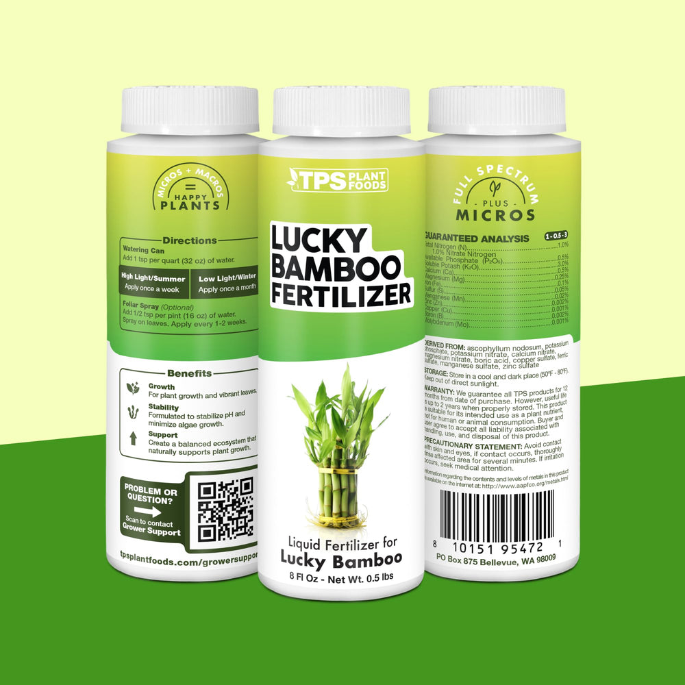 Close-up of TPS NUTRIENTS Lucky Bamboo Fertilizer bottle and bamboo plant