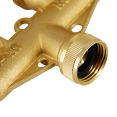 Close-up of Triumpeek hose splitter installed with rubber washers