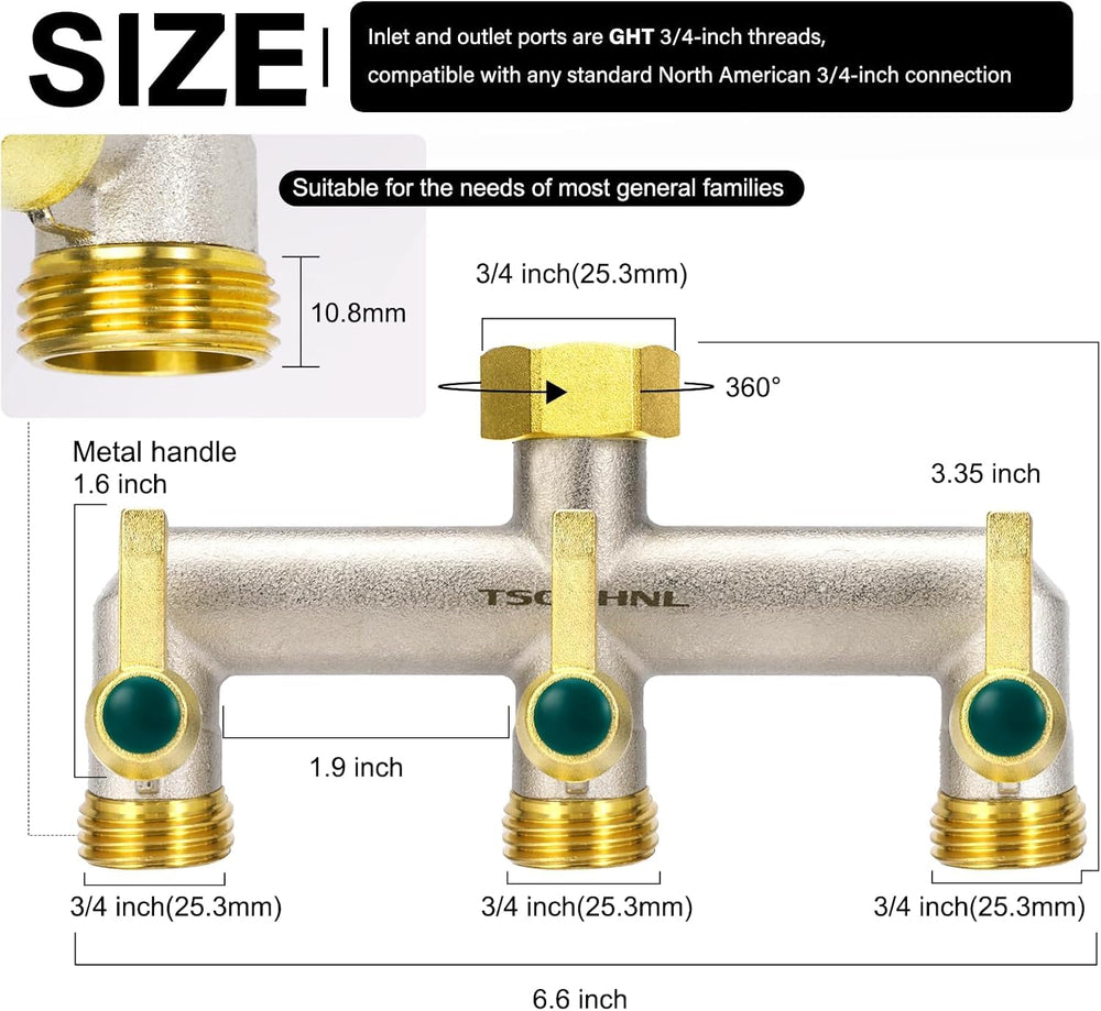 Close-up of TSGOHNL garden hose splitter showing shut-off valves