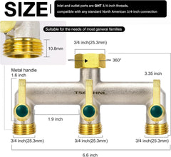 Close-up of TSGOHNL garden hose splitter showing shut-off valves