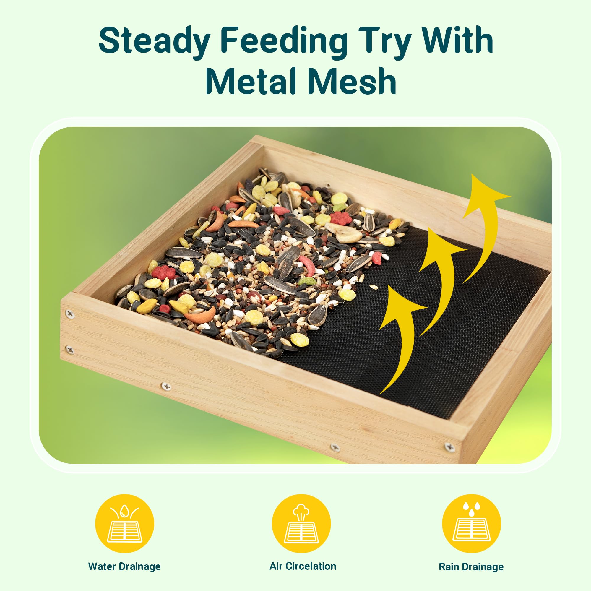 Close-up of TT Nature Bird Feeder with seeds on the platform