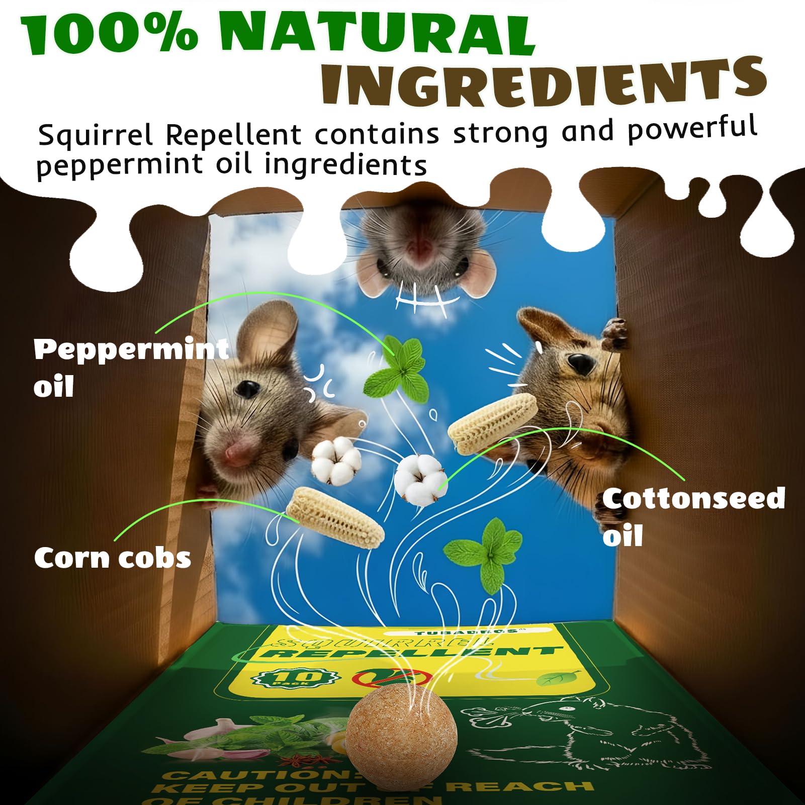 Close-up of Tubadros Squirrel Repellent pouch showing peppermint oil ingredients